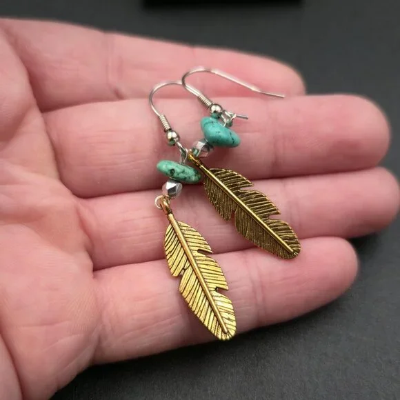 Silver Plated Turquoise Stone Brass Feather Earrings A6985 - Picture 3 of 5